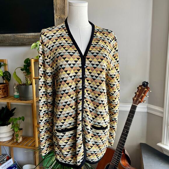Vintage 70s Pastel Triangles Button Front Cardigan Size Small - Picture 1 of 5